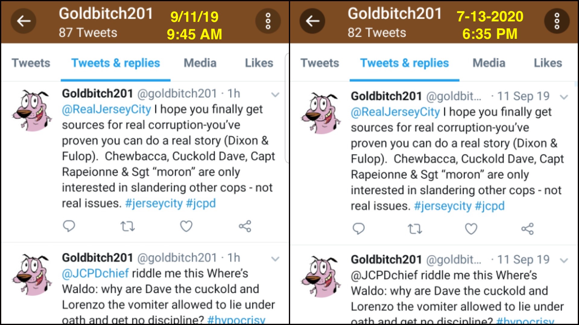 Two screenshots of Goldbitch201 indicate at least five tweets posted prior to September 11, 2019, were deleted.
